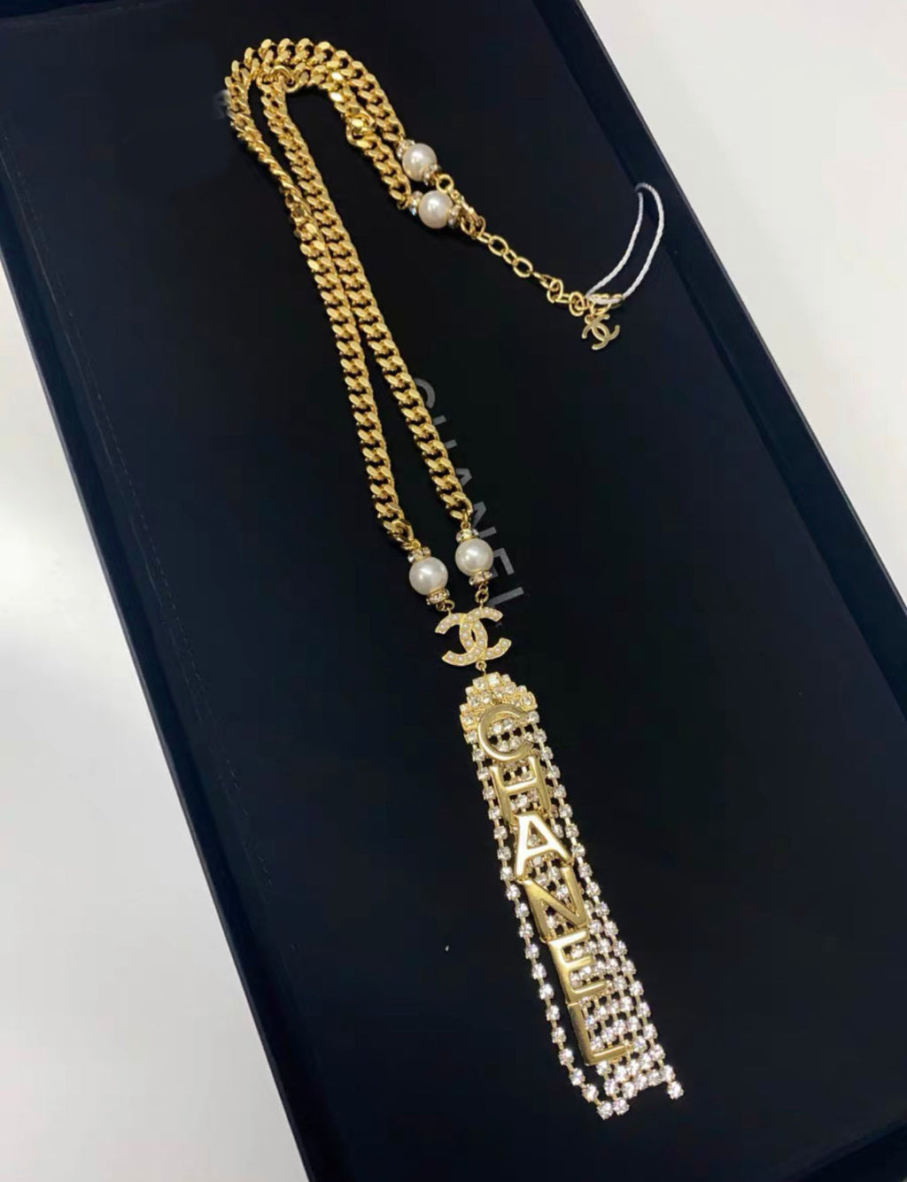 Chanel full diamond letter long pendant necklace