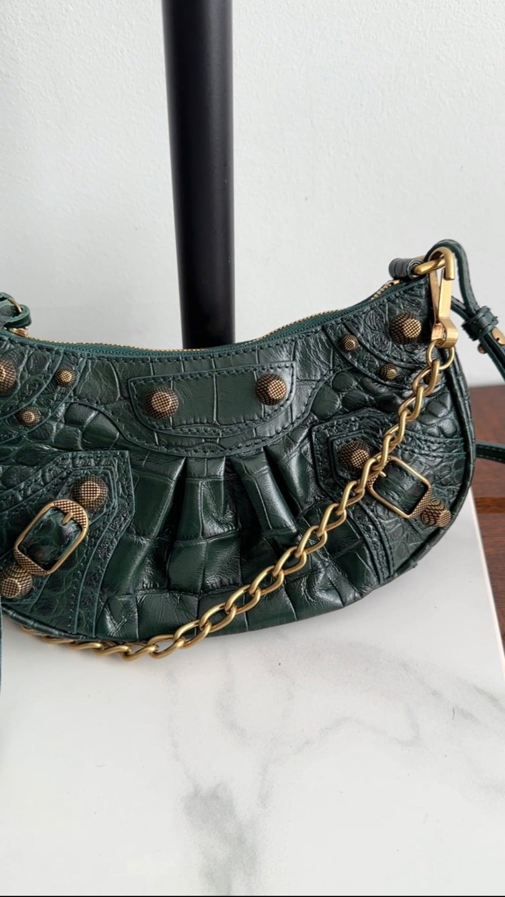 Balenciaga Dark Green Croc Embossed Cagole XS Chain Bag