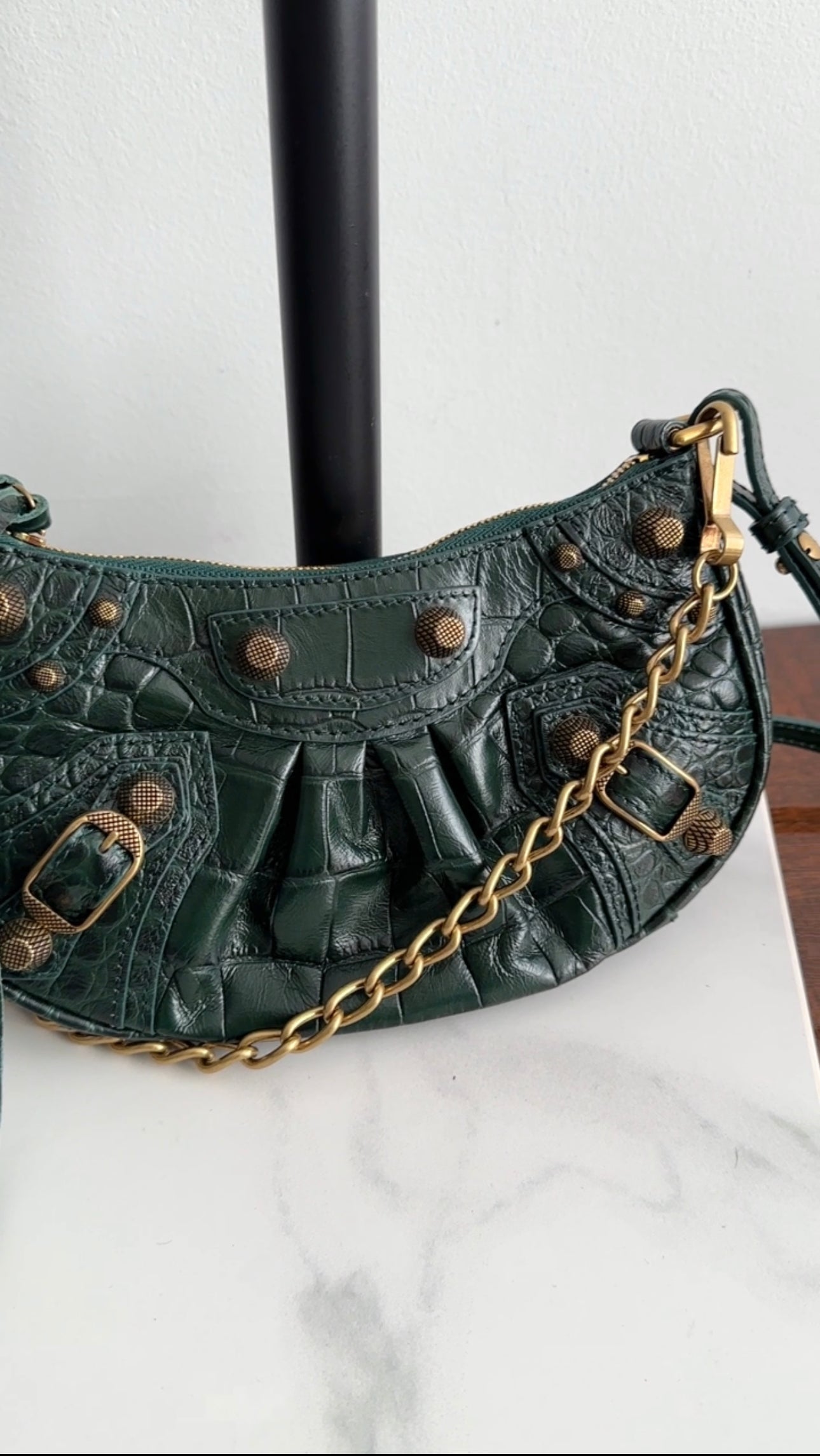 Balenciaga Dark Green Croc Embossed Cagole XS Chain Bag