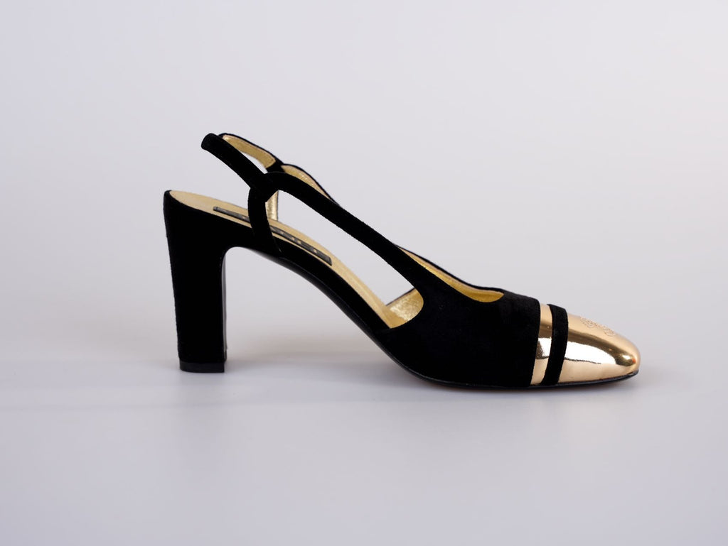 Chanel CC Slingback Heels Black Gold Size 37.5 EU