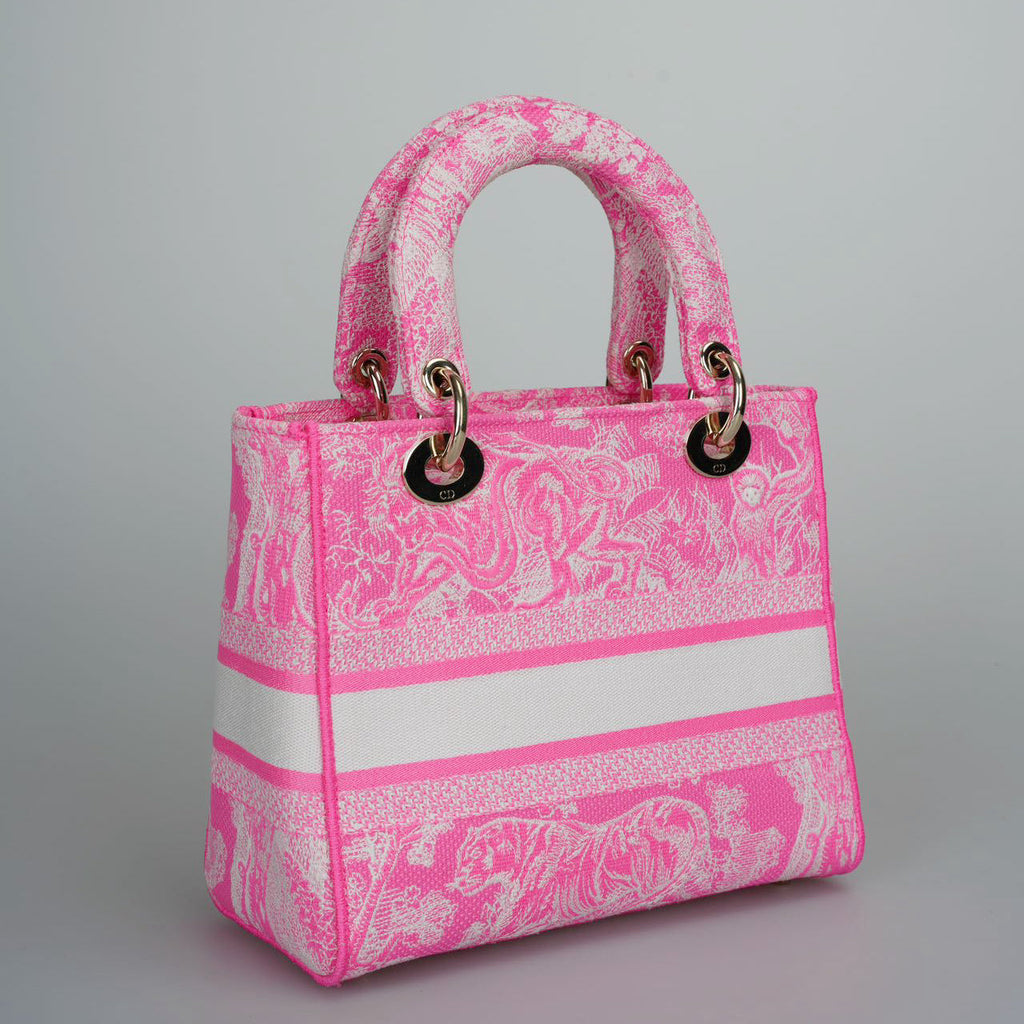 Christian Dior Canvas Toile De Jouy Reverse Embroidered Medium Lady D-Lite in Fluorescent Pink