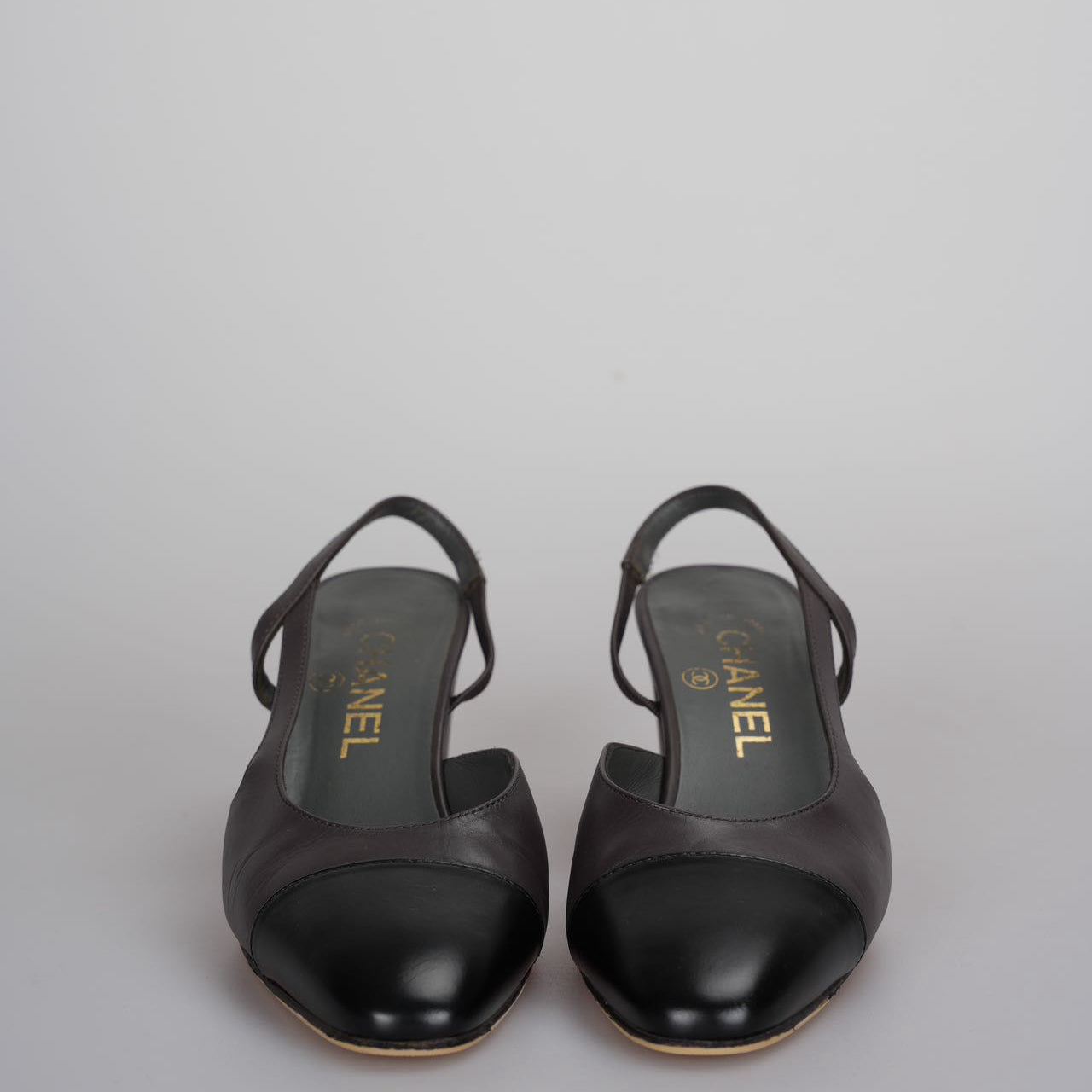 Chanel Black Brown Slingback Pumps with CC logo 35