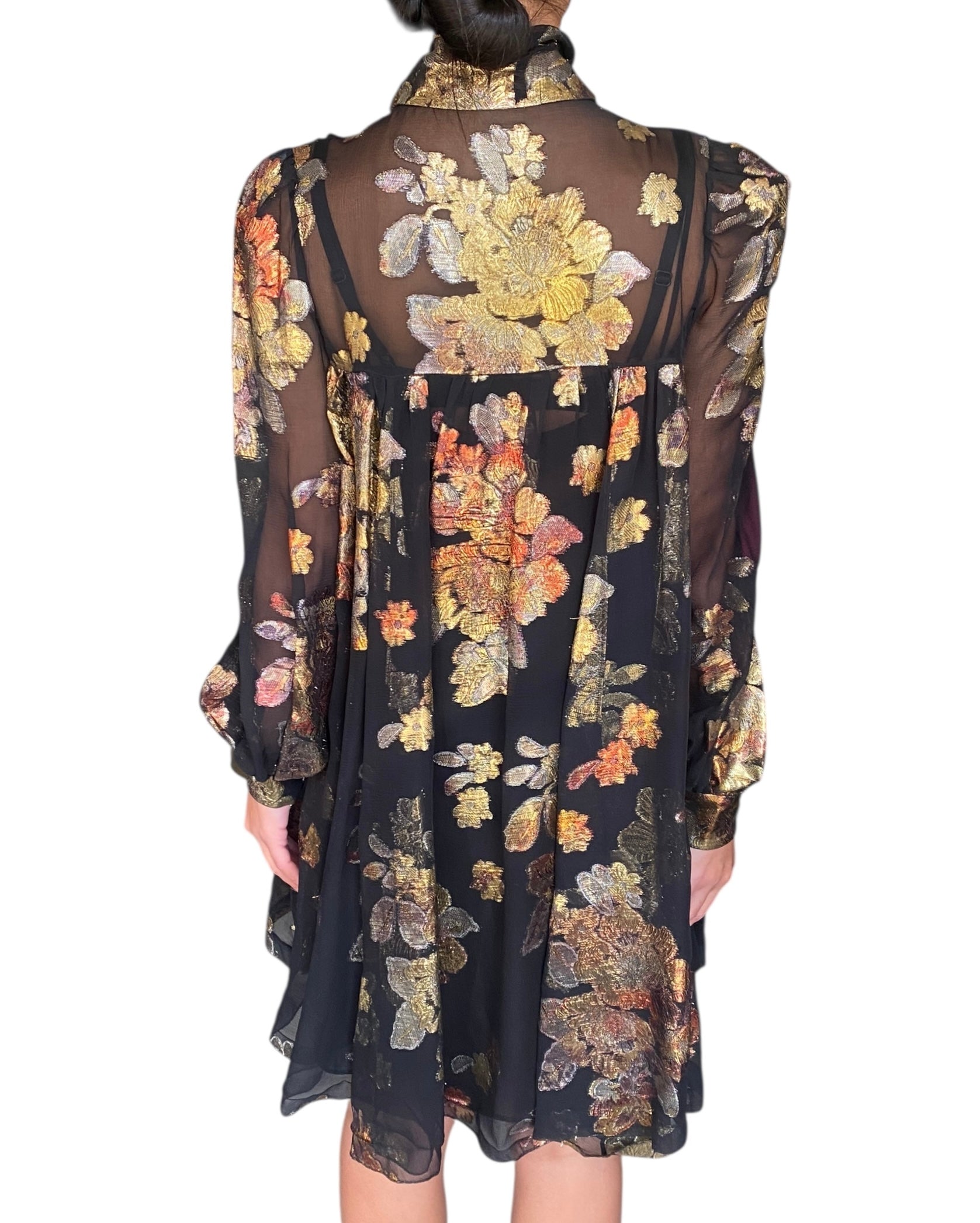 Saint Laurent Black Floral Silk Jacquard Mini Flared Dress - 40