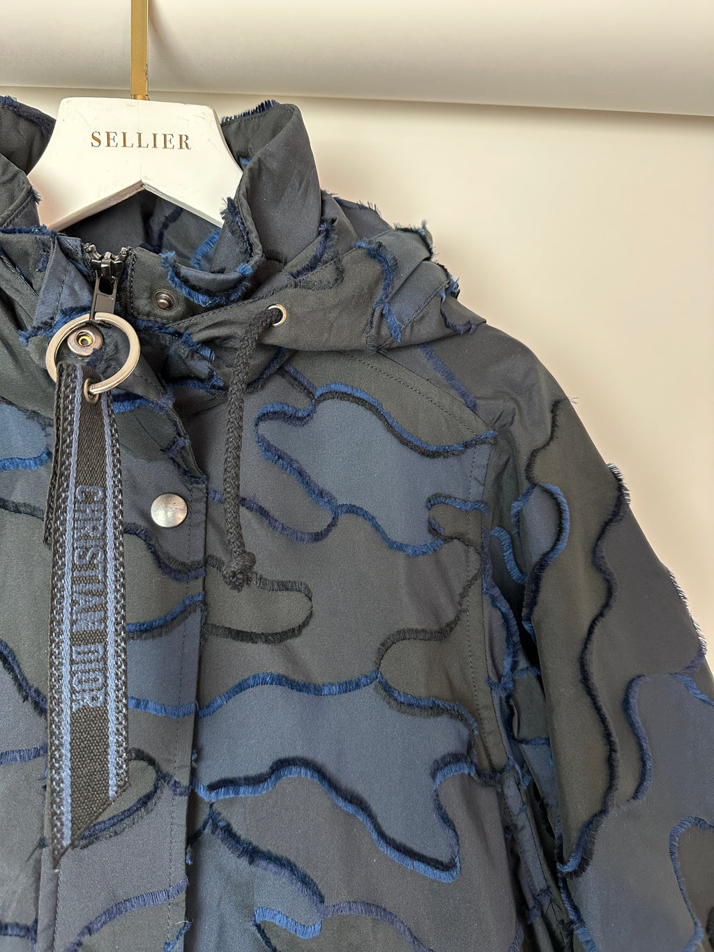 Christian Dior Navy & Black Camouflage Jacquard Long Sleeve Parka with Foldable Hood Size FR 34 (UK 6)