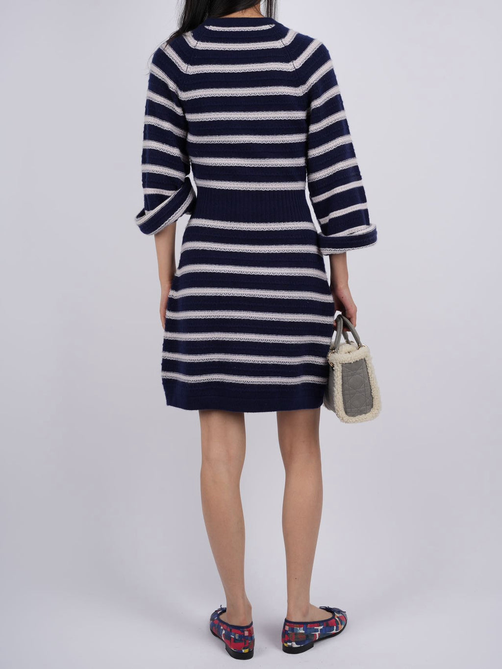 CHANEL cashmere Striped Dress in Navy Blue and White FR 34