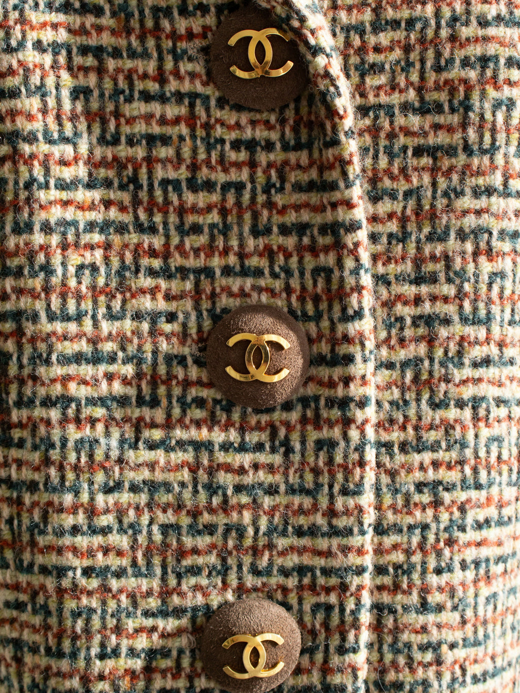 Chanel Vintage F/W 1992 English Tweed Suede Brown CC Gold Runway Jacket