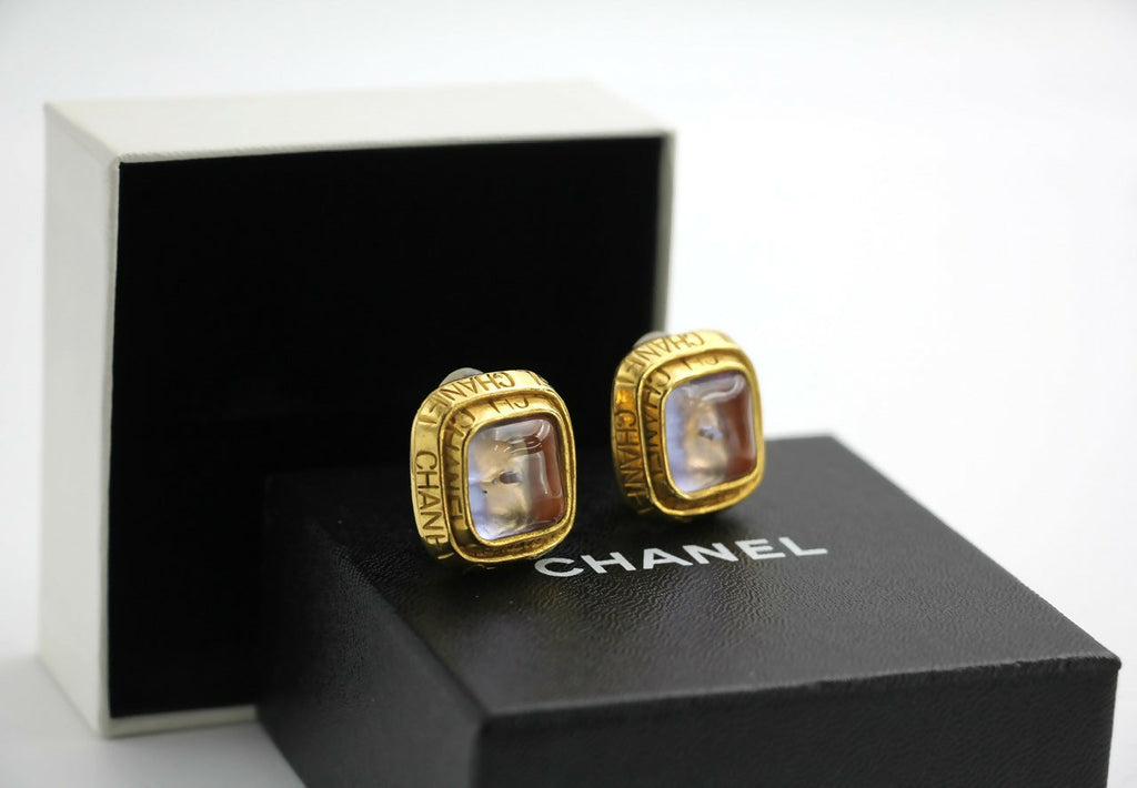 Chanel Vintage 96P Gripoix Gold-plated Fantasy Pink & Purple Square Clip-on Earrings