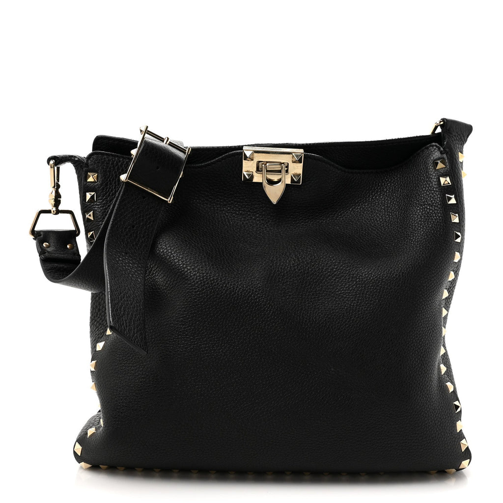 Pebbled Calfskin Small Rockstud Flip-Lock Messenger Bag Black