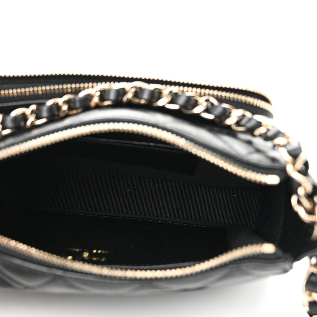 Shiny Crumpled Lambskin Quilted Mini Preppy Pocket Clutch With Chain Black