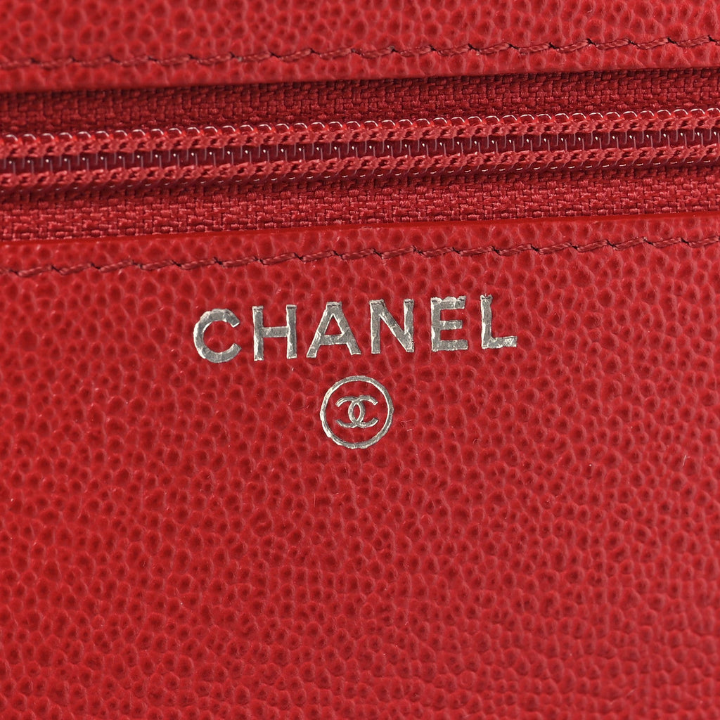 Grained Calfskin Quilted CC Box Wallet On Chain WOC Red