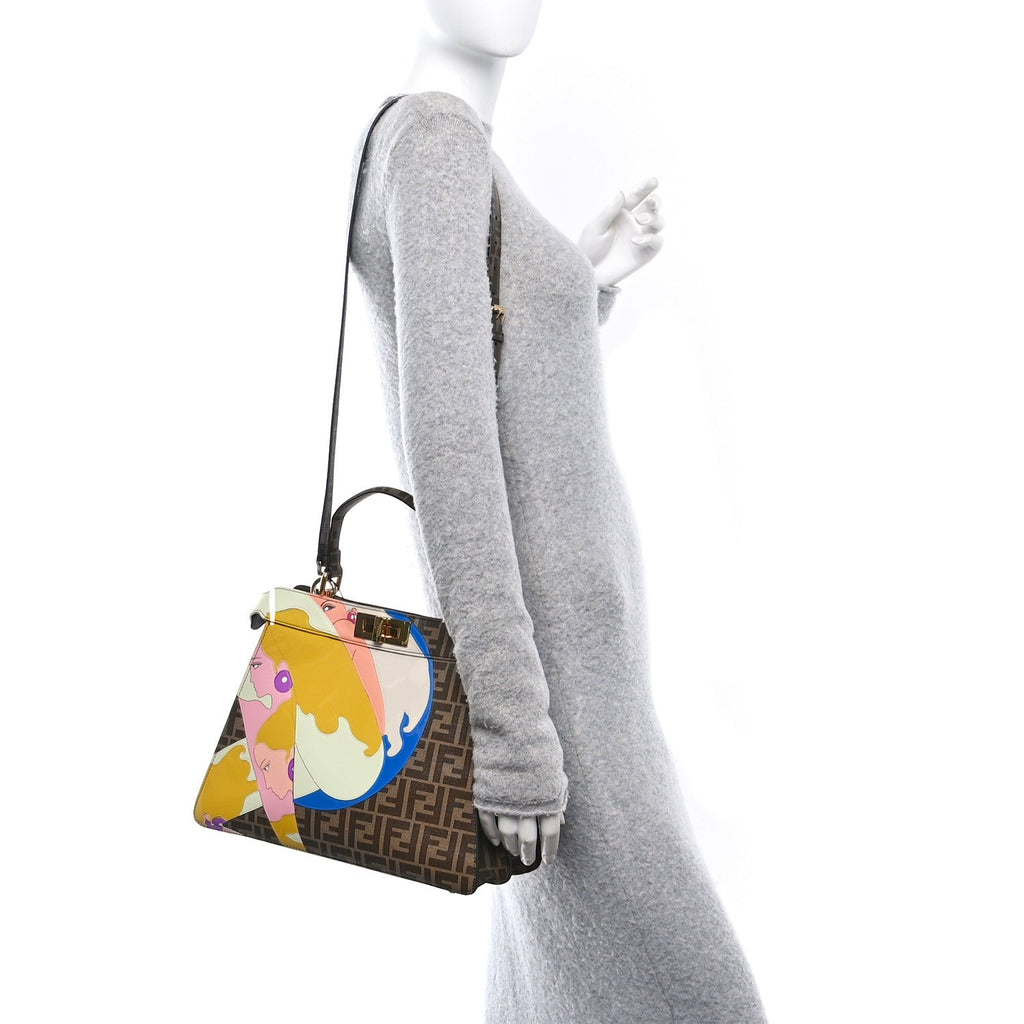 Glazed Fabric Vitello FF 1974 Hairdo Girls Inlay Medium Peekaboo Iconic Satchel Mogano Panna Multicolor