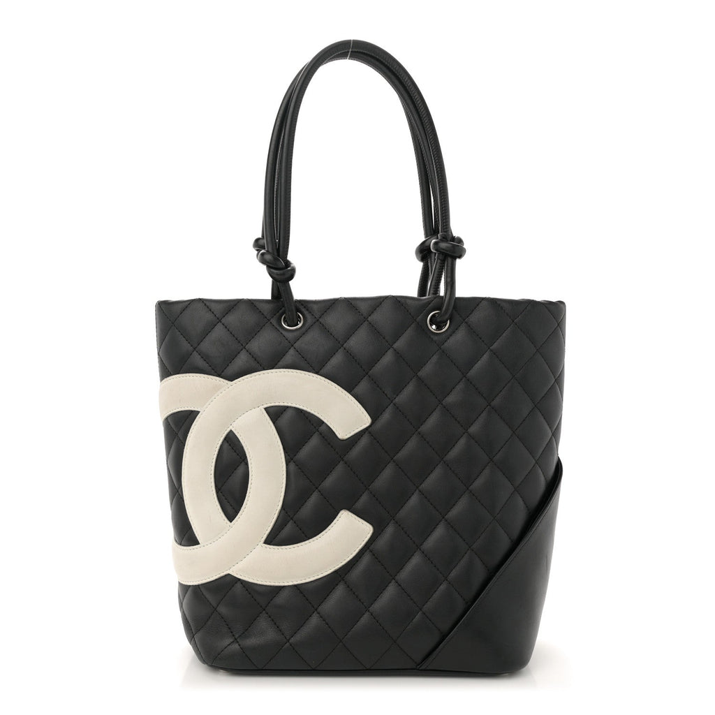 Calfskin Quilted Medium Cambon Tote Black White