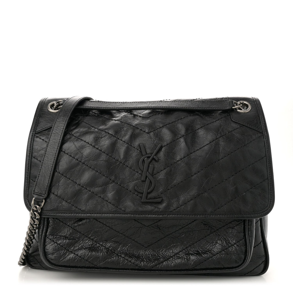 Crinkled Calfskin Matelasse Monogram Large Niki Chain Satchel Black
