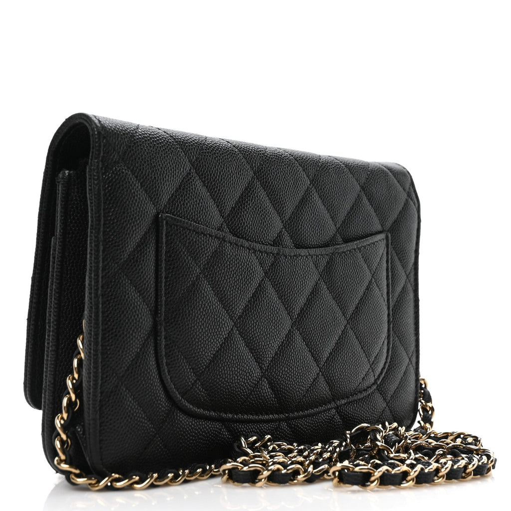 Shiny Caviar Quilted Strass CC Wallet On Chain WOC Black