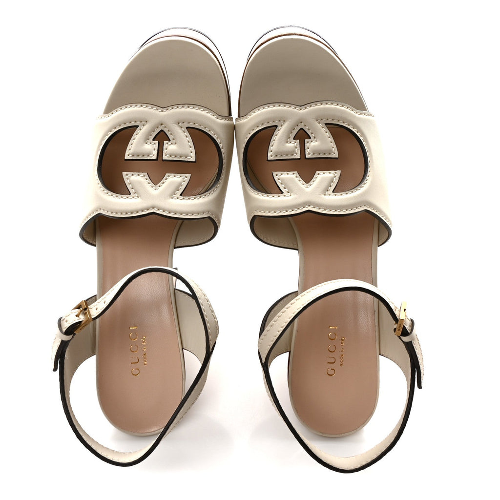 Cosmos Softy Calfskin Wooden Interlocking G Cut-Out 30/120mm Platform Sandals 39 Mystic White