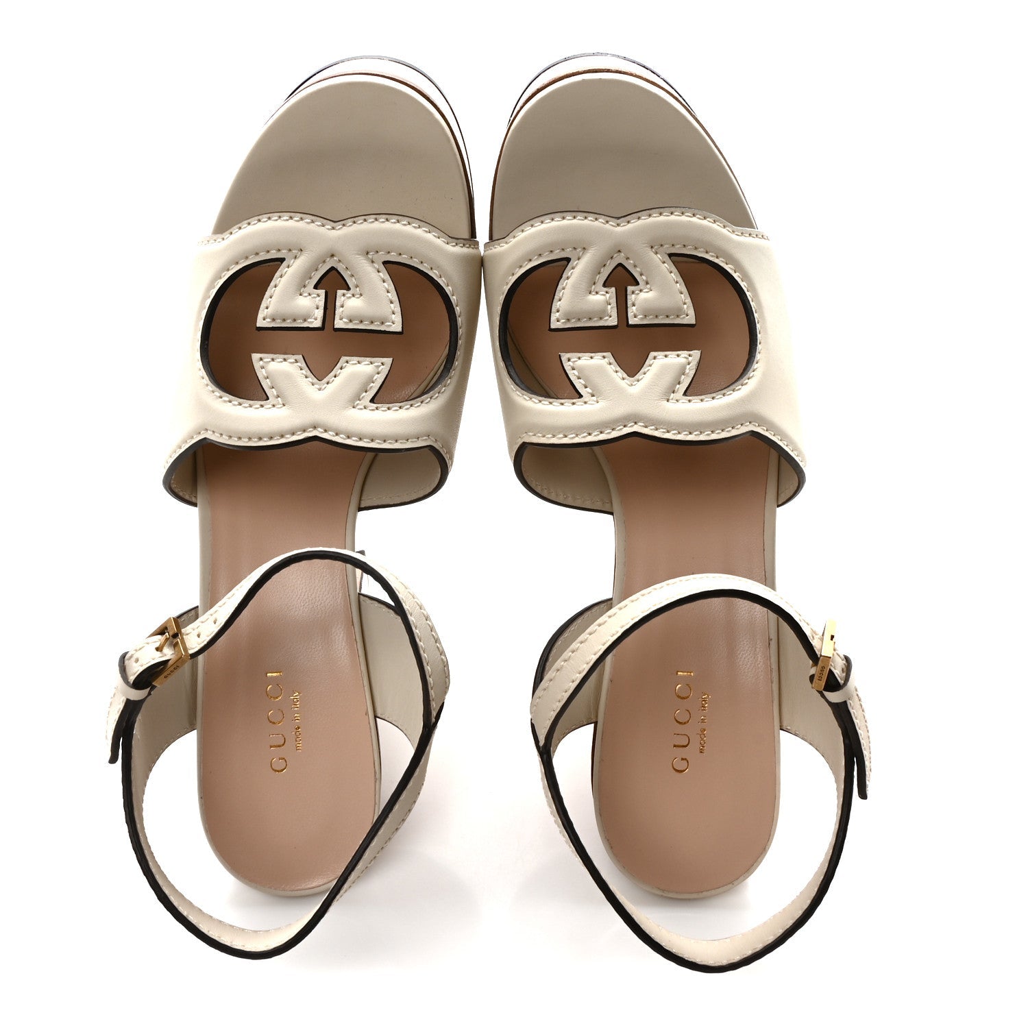 Cosmos Softy Calfskin Wooden Interlocking G Cut-Out 30/120mm Platform Sandals 39 Mystic White
