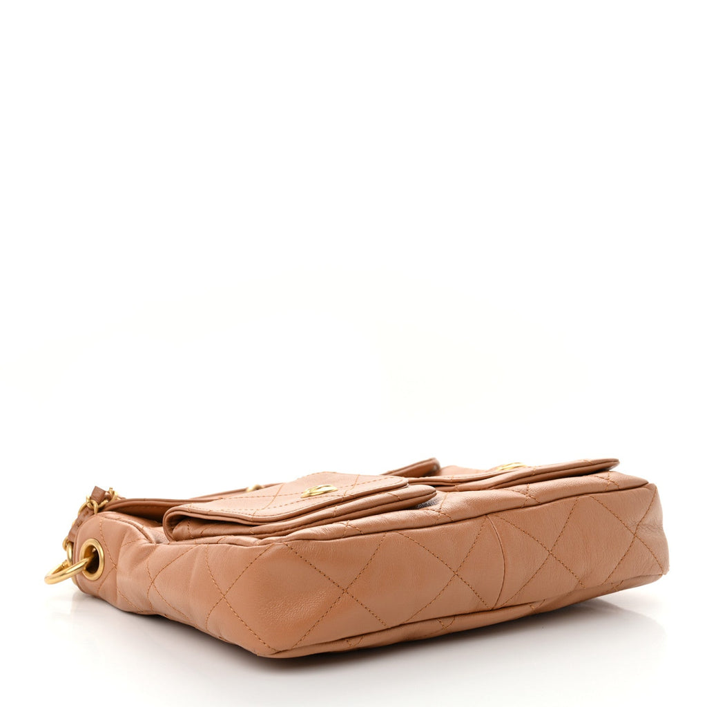 Shiny Calfskin Quilted Supple Twins Small Hobo Bag Brown