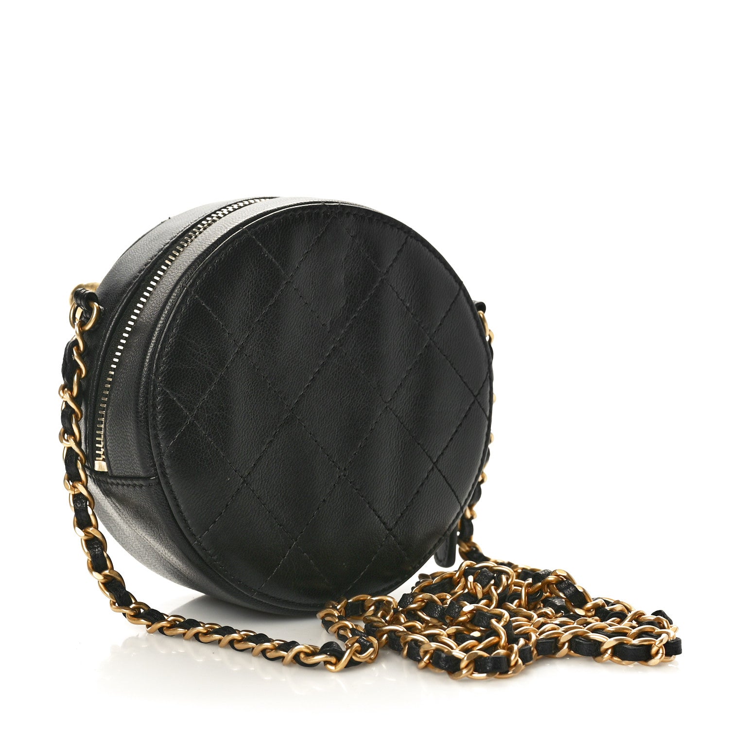 Goatskin Quilted Chic Pearls Chain Round Clutch With Chain Black