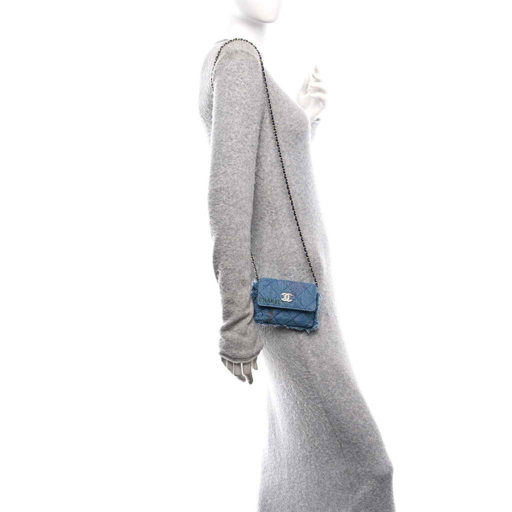 Denim Quilted Denim Mood Clutch With Chain Blue Multicolor