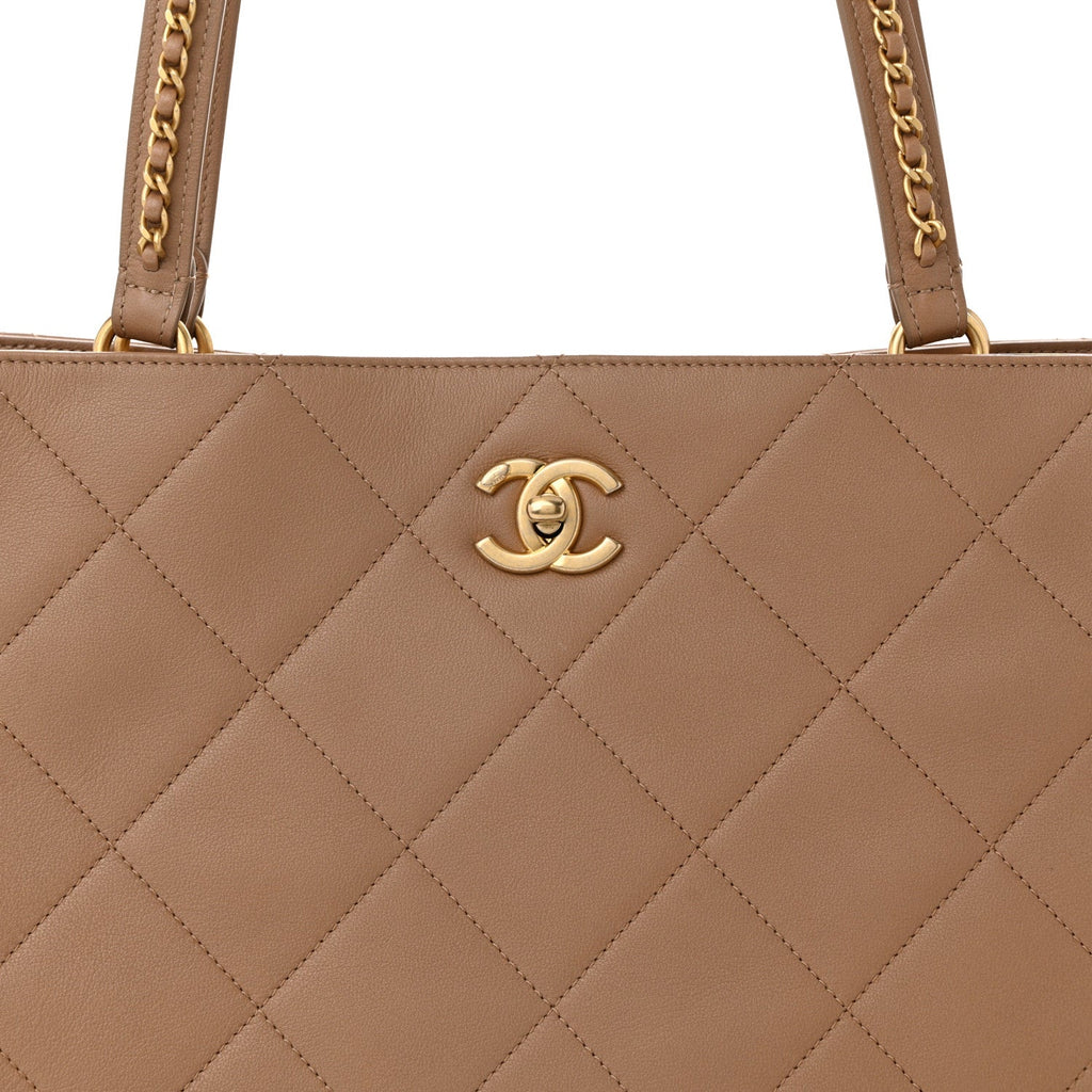 Calfskin Quilted Chain Shopping Tote Beige