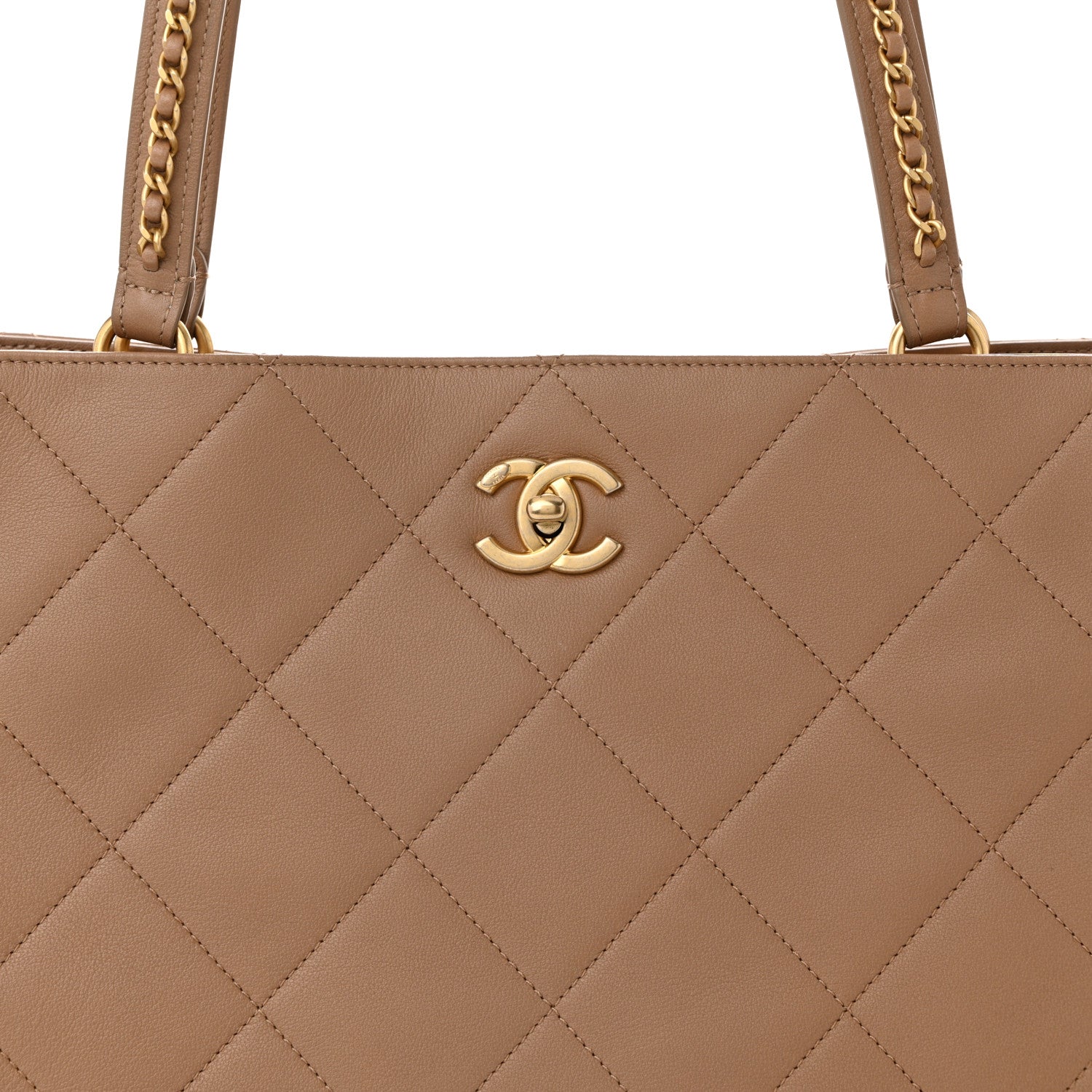 Calfskin Quilted Chain Shopping Tote Beige