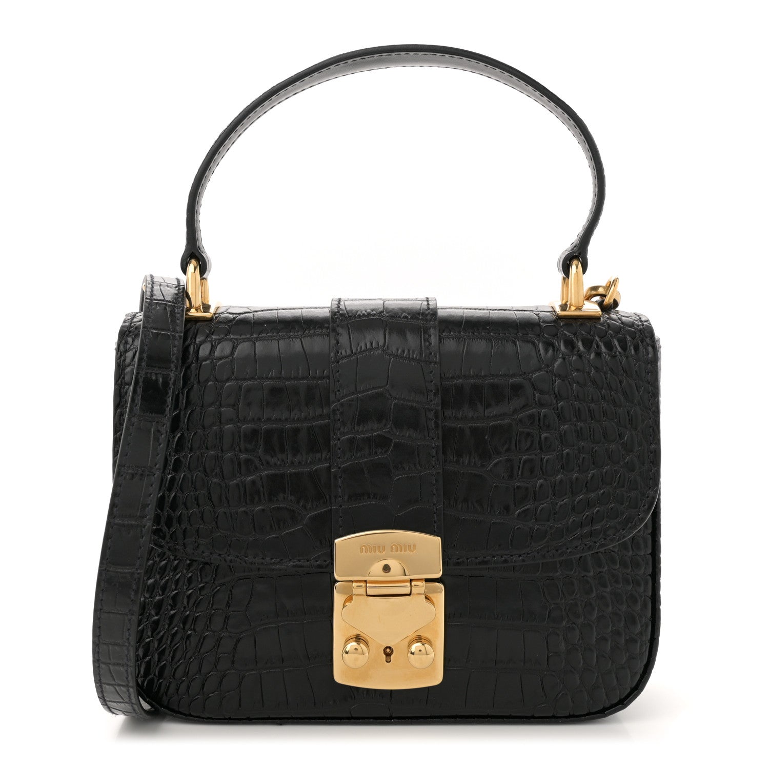 Crocodile Print Calfskin Top Handle Bag Black