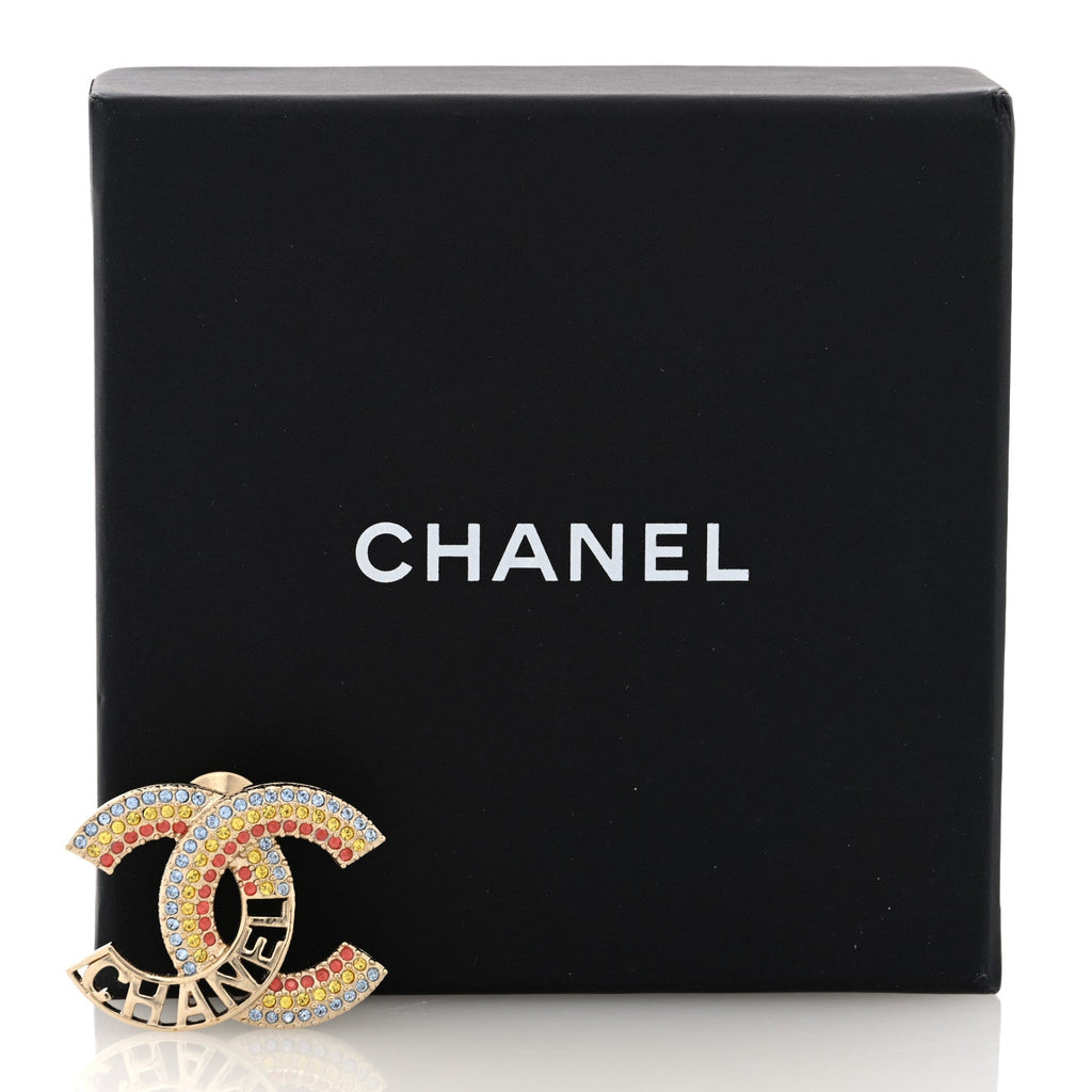 Crystal Rainbow Logo CC Brooch Gold Multicolor