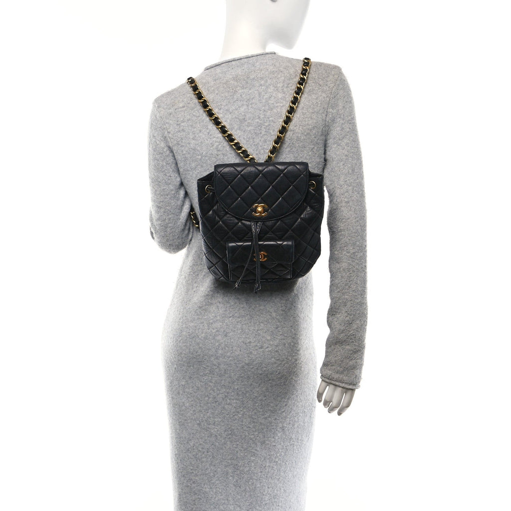 Lambskin Quilted Drawstring Backpack Black