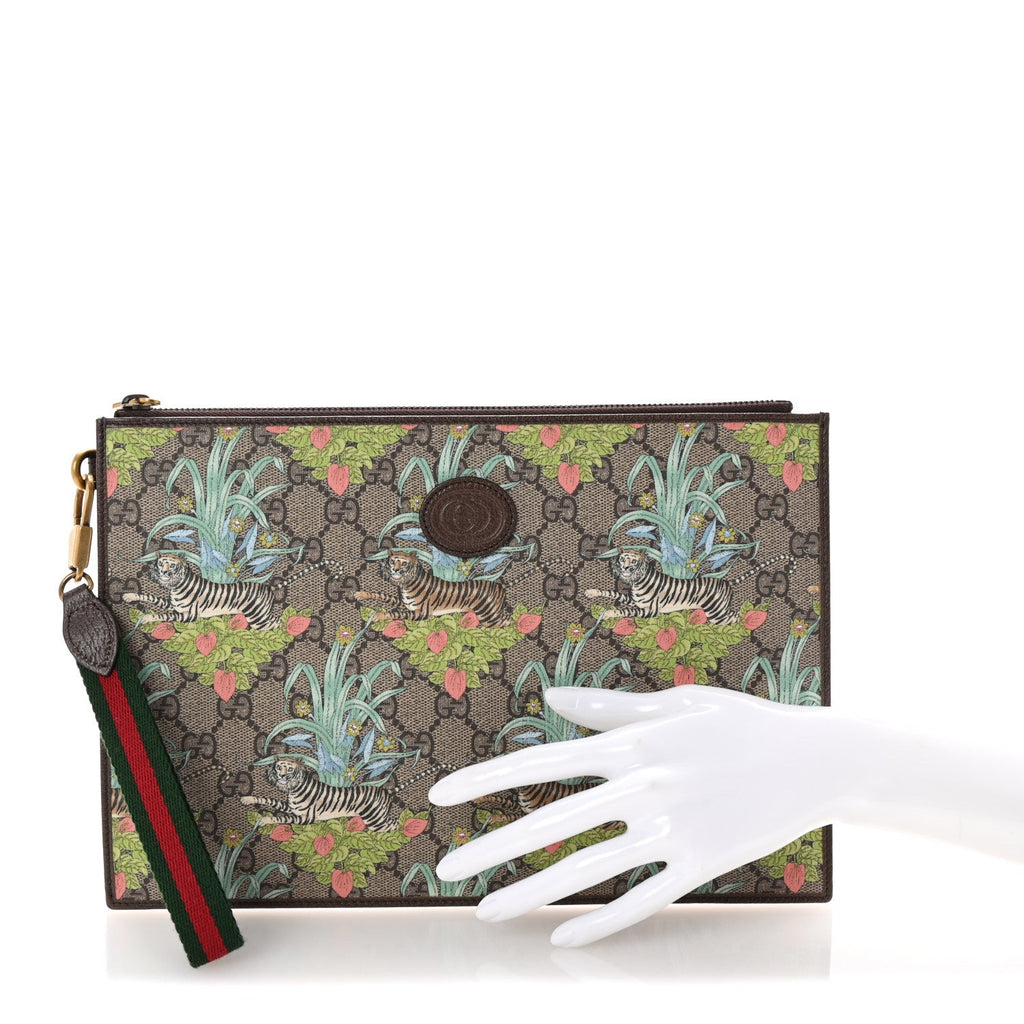 GG Supreme Monogram Tiger Savanah Textured Dollar Calfskin Zip Pouch Beige Ebony Multicolor New Acero