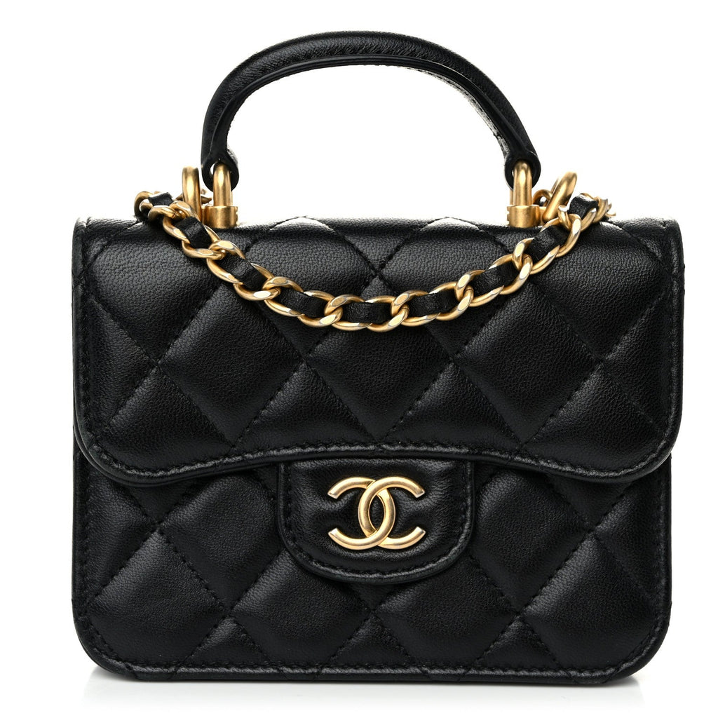 Lambskin Quilted Top Handle Flap Coin Purse With Chain Black