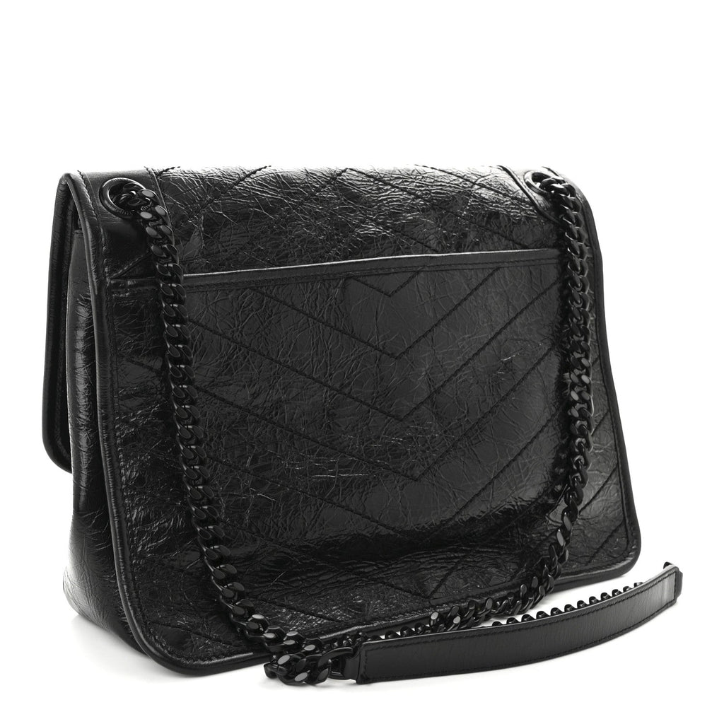 Crinkled Calfskin Matelasse Monogram Medium Niki Chain Satchel Black