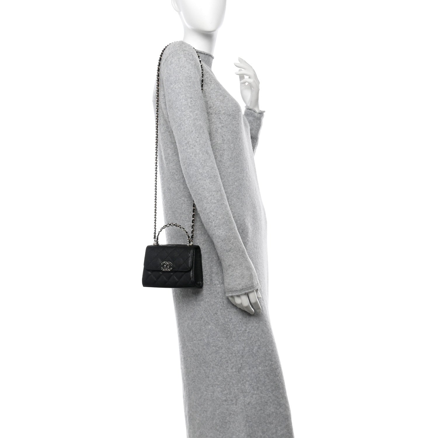 Caviar Quilted Double Chain Top Handle Flap With Chain Black
