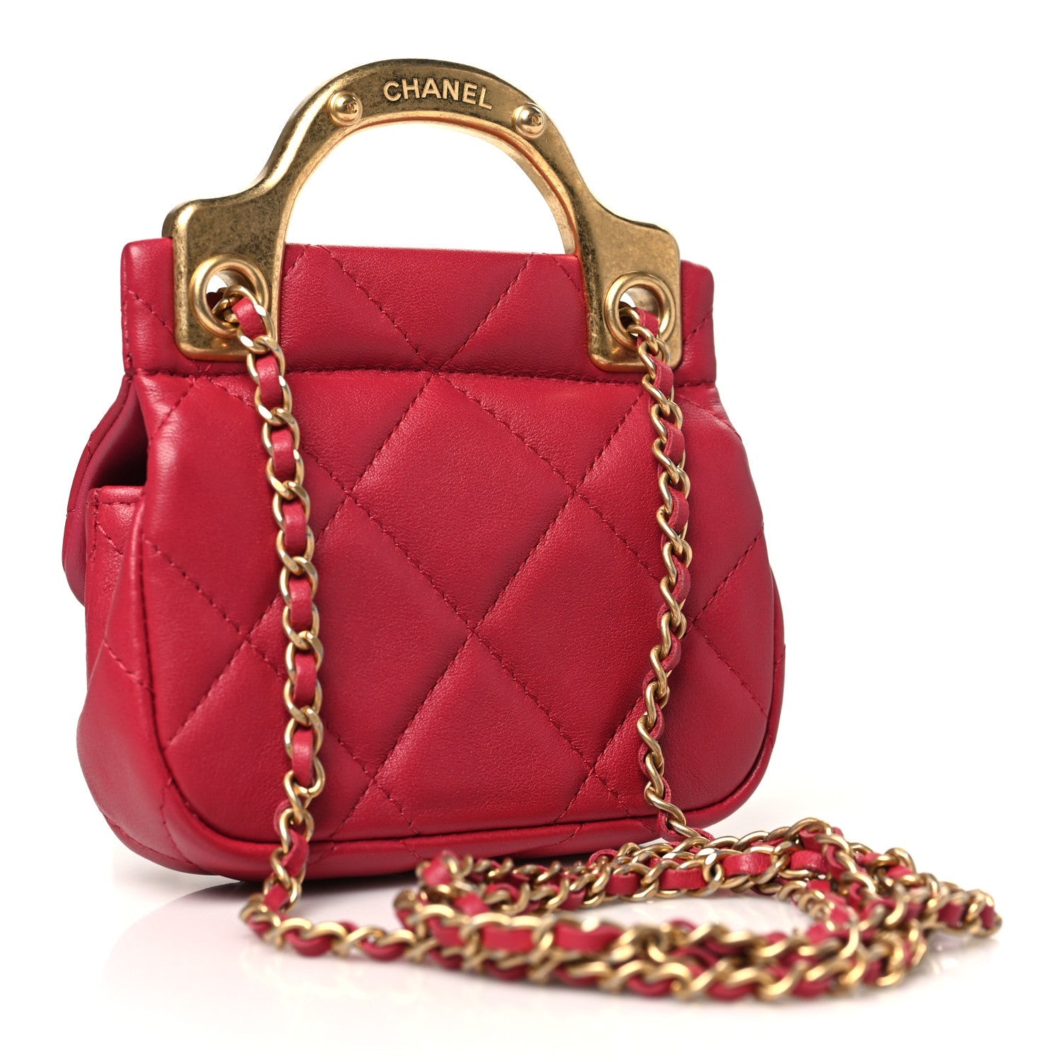 Calfskin Quilted Lady Handle Flap  Holder With Chain Dark Pink