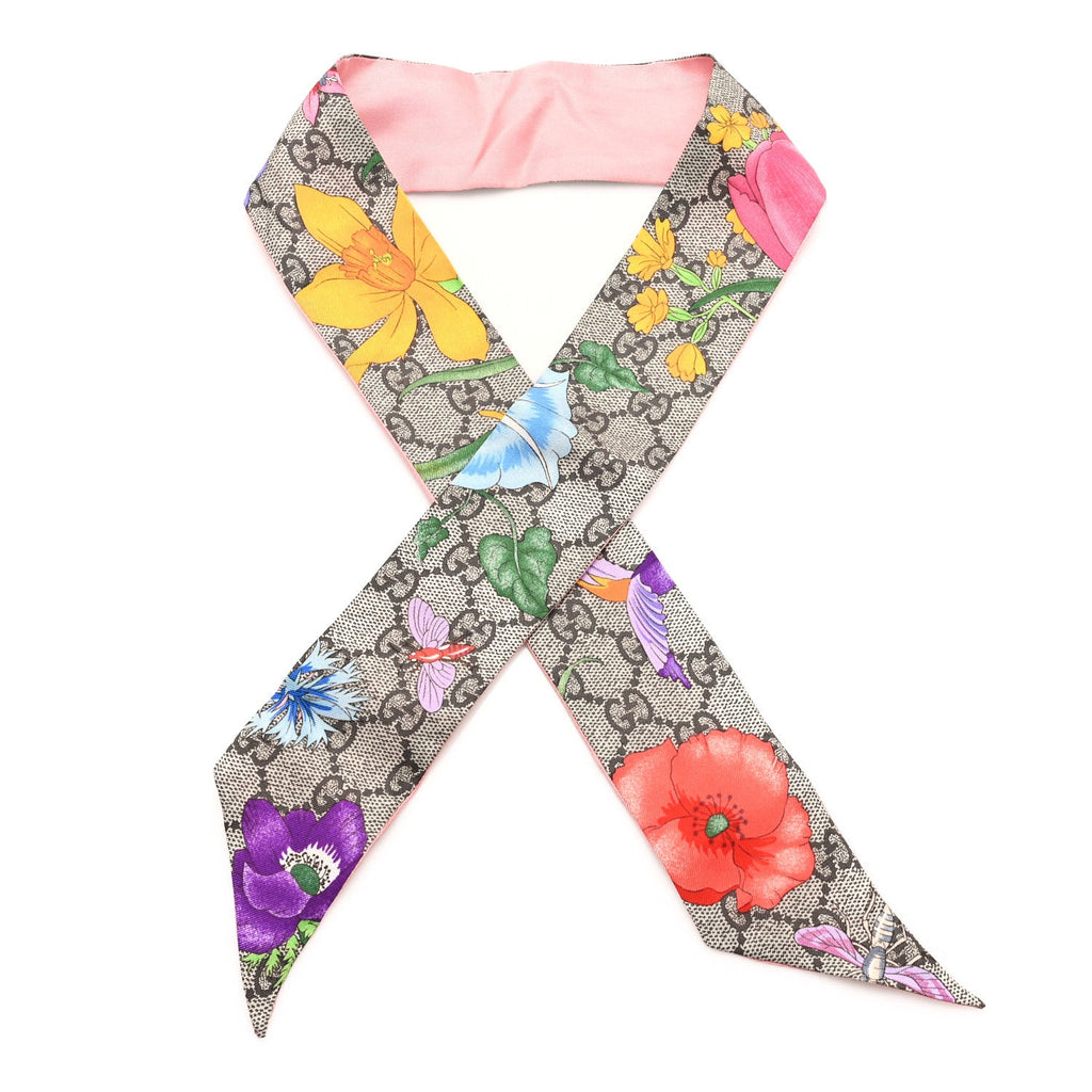 Silk Twill GG Monogram Special Flory Neck Bow Scarf Beige Pink