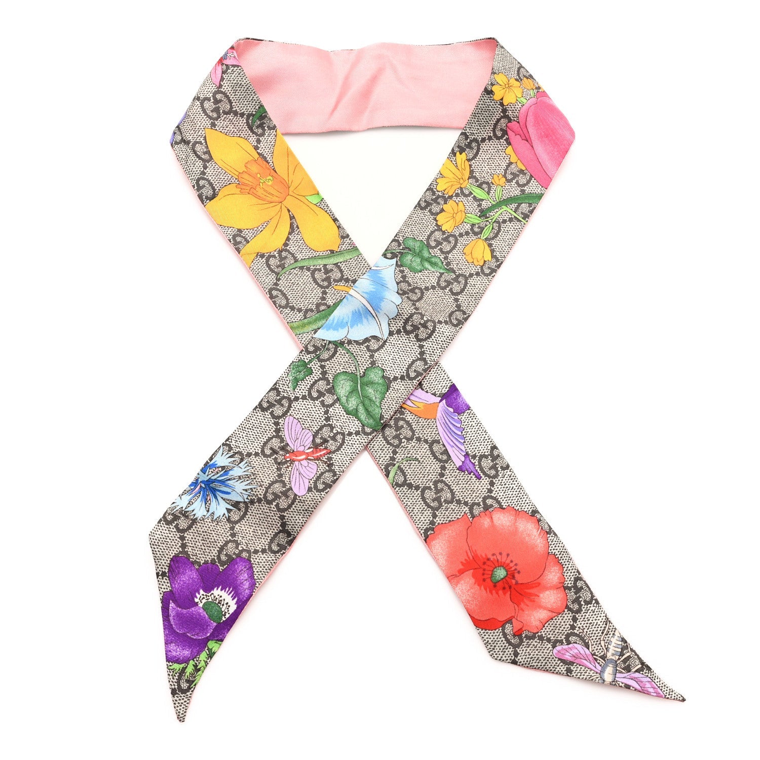 Silk Twill GG Monogram Special Flory Neck Bow Scarf Beige Pink