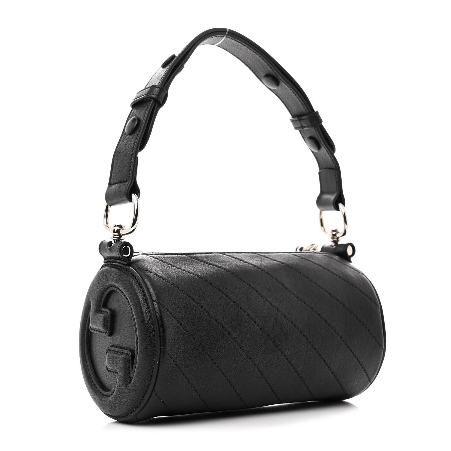 Sakai Be Green Calfskin Diagonal Stitched Mini Blondie Barrel Shoulder Bag Black
