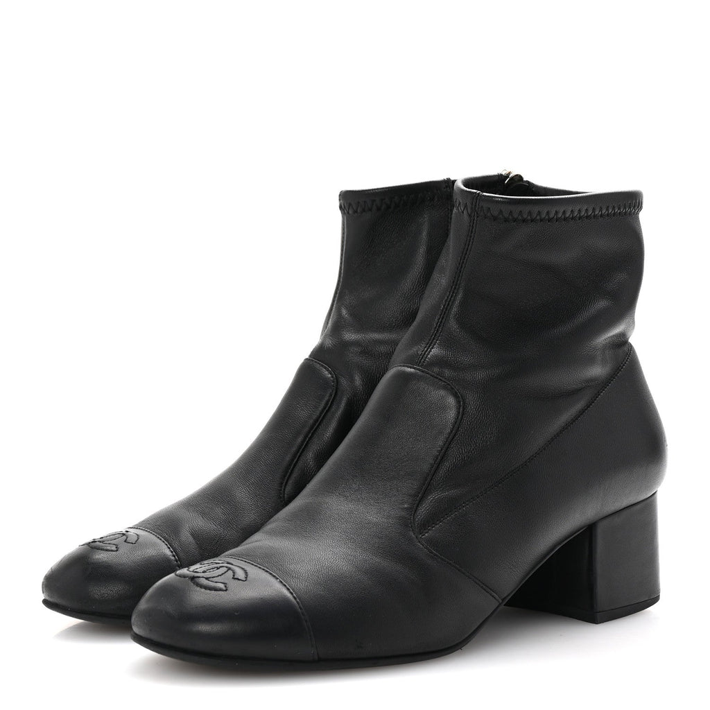 Stretch Lambskin Cap Toe CC Short Boots 38.5 Black