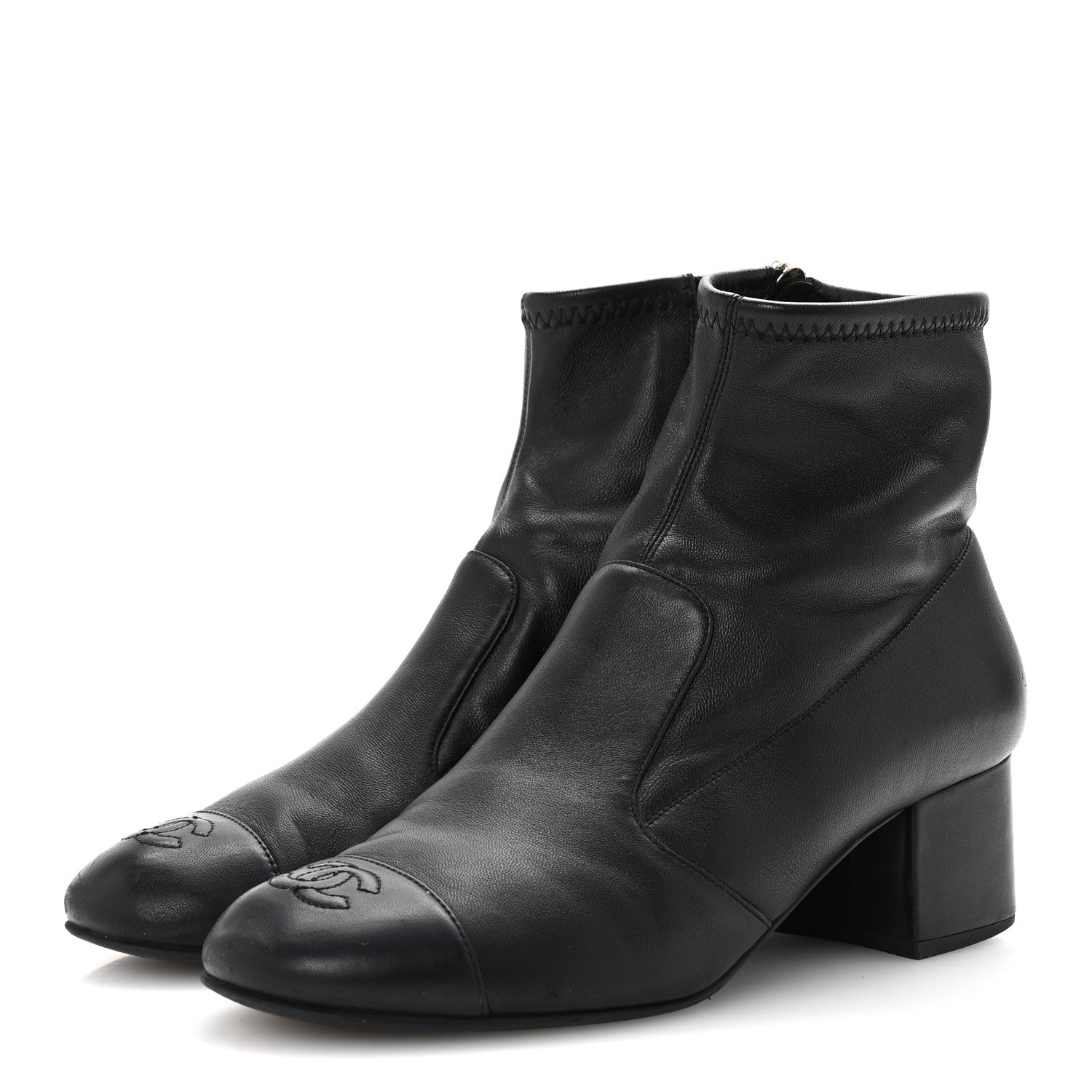 Stretch Lambskin Cap Toe CC Short Boots 38.5 Black