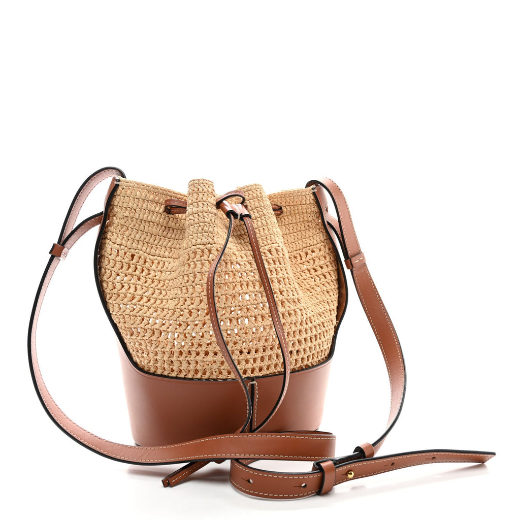 Raffia Calfskin Balloon Bucket Bag Natural Tan