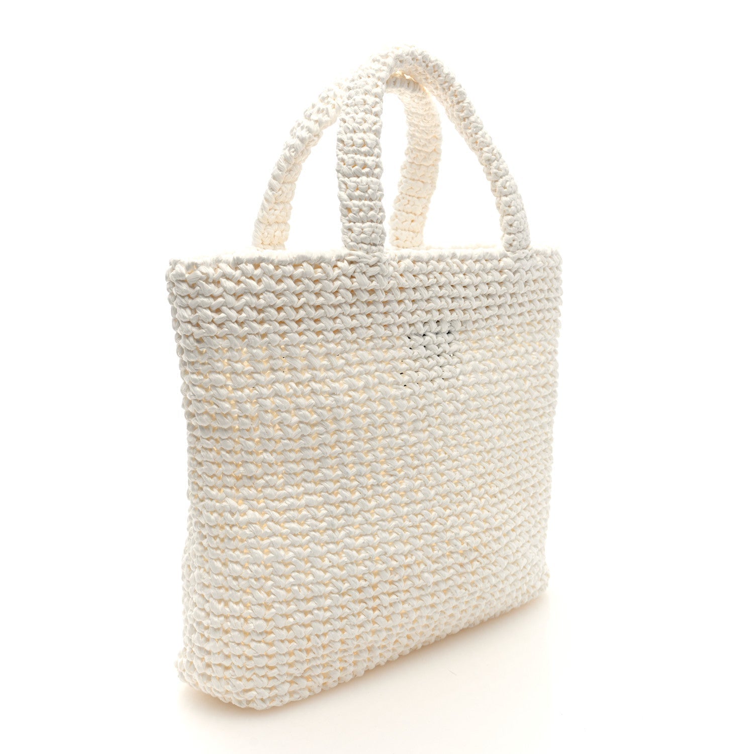 Yarn Raffia Effect Crochet Embroidered Small Logo Tote White