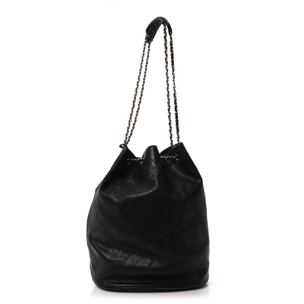 Lambskin Quilted Drawstring Bucket Bag Black