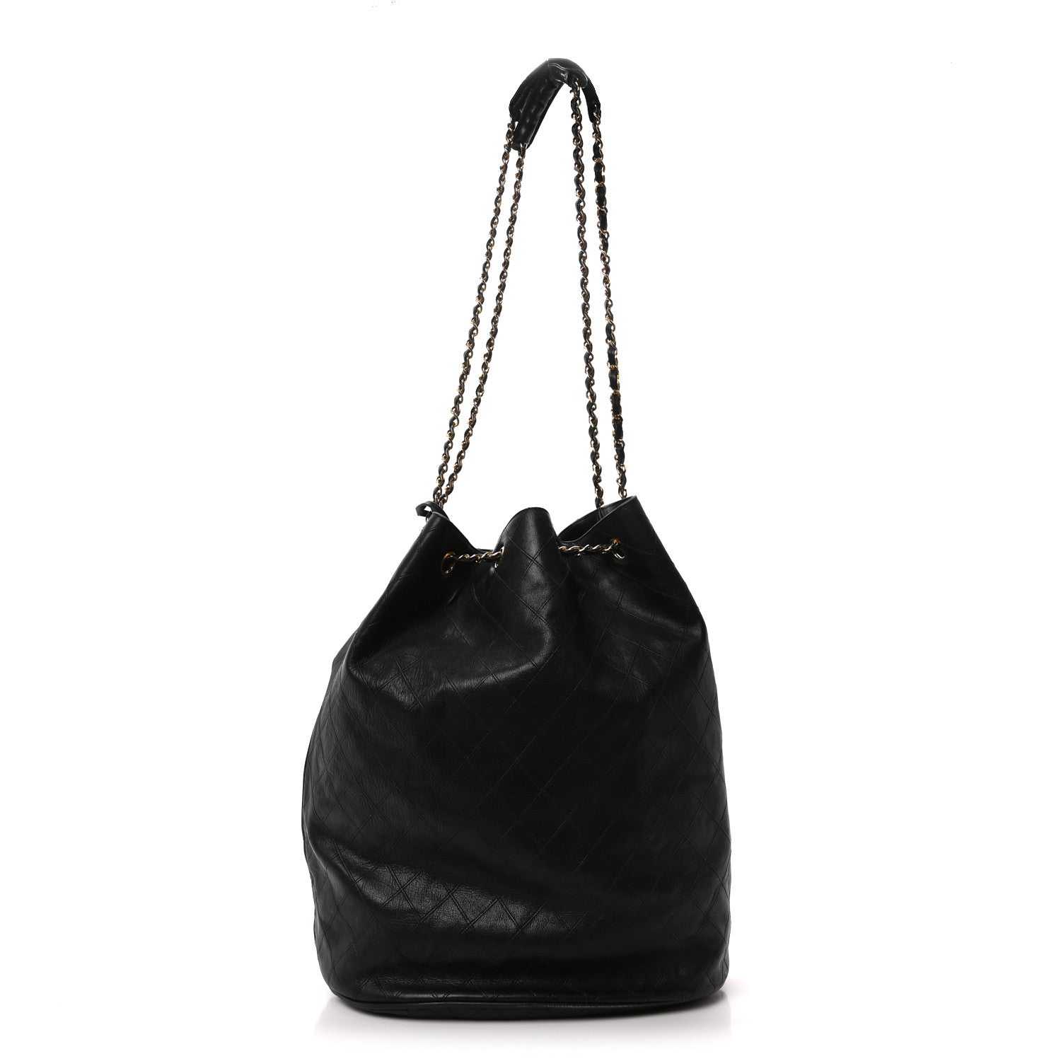 Lambskin Quilted Drawstring Bucket Bag Black