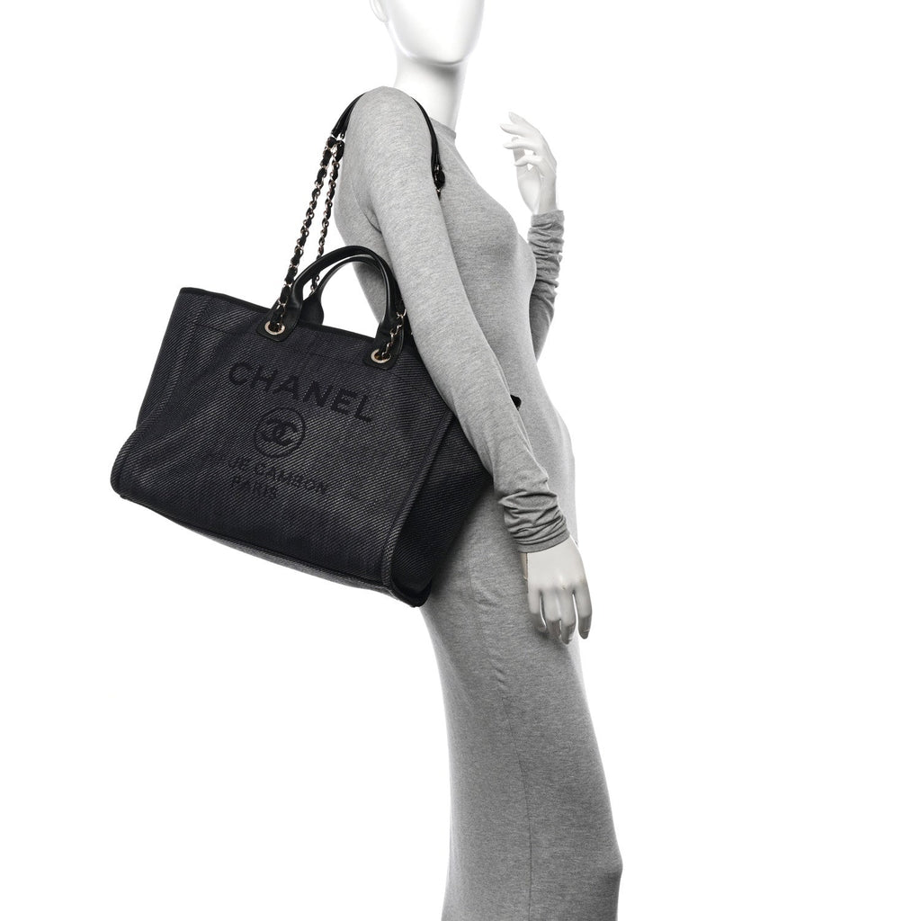 Mixed Fibers Calfskin Striped Medium Deauville Tote Black Black