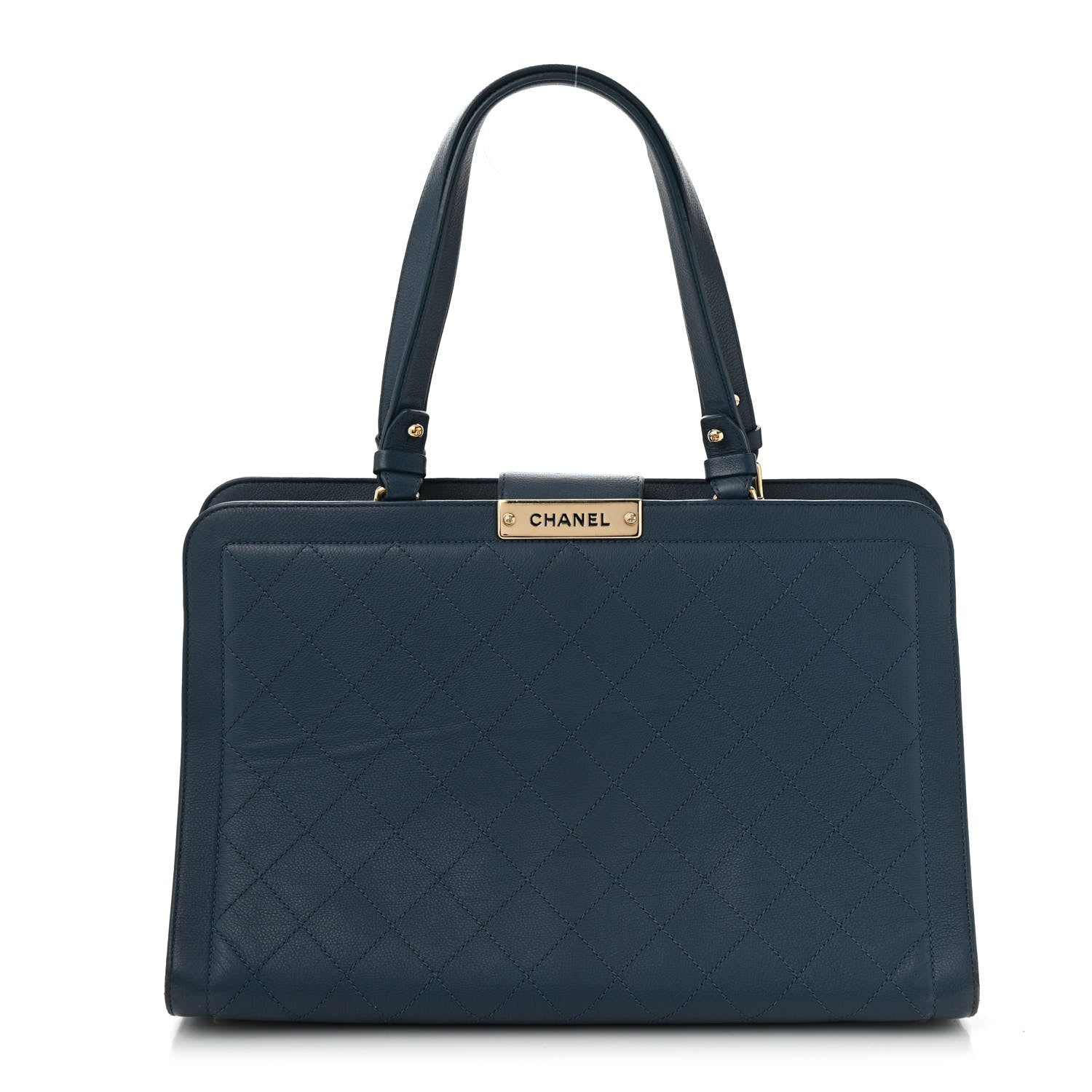 Grained Calfskin Stitched Large Label  Shopper Tote Blue
