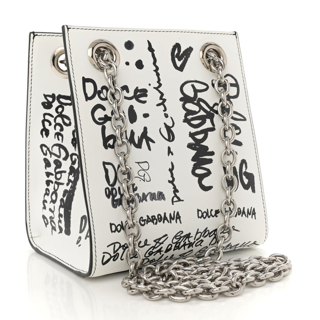 Calfskin DG Graffiti Print Chain Shoulder Bag White Black