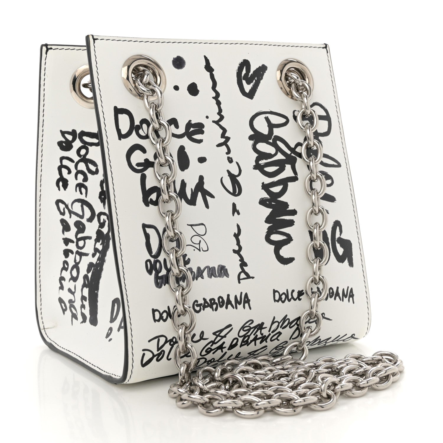 Calfskin DG Graffiti Print Chain Shoulder Bag White Black
