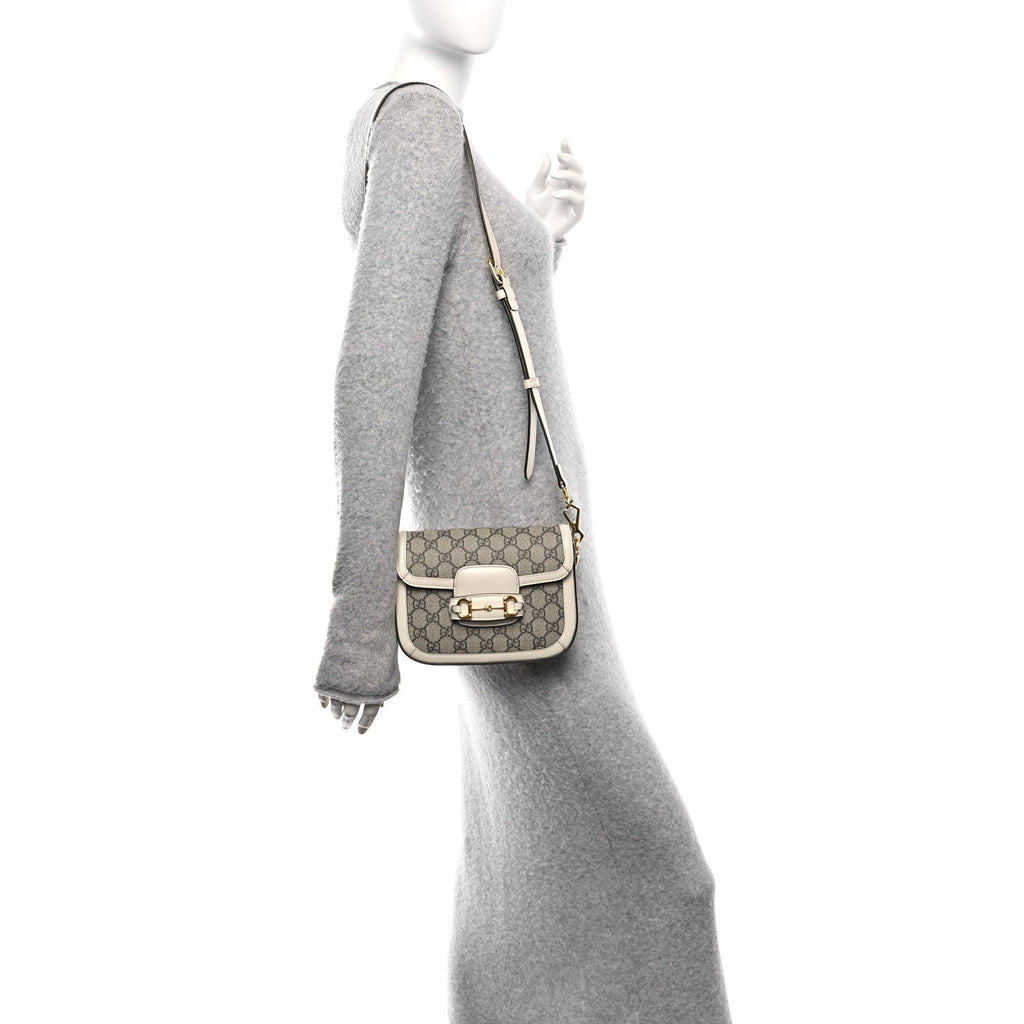 GG Supreme Monogram Web Mini Horsebit 1955 Shoulder Bag Beige Mystic White