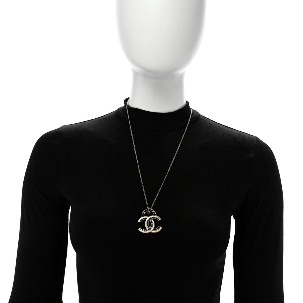 Metal Lambskin CC Pendant Necklace Black Gold