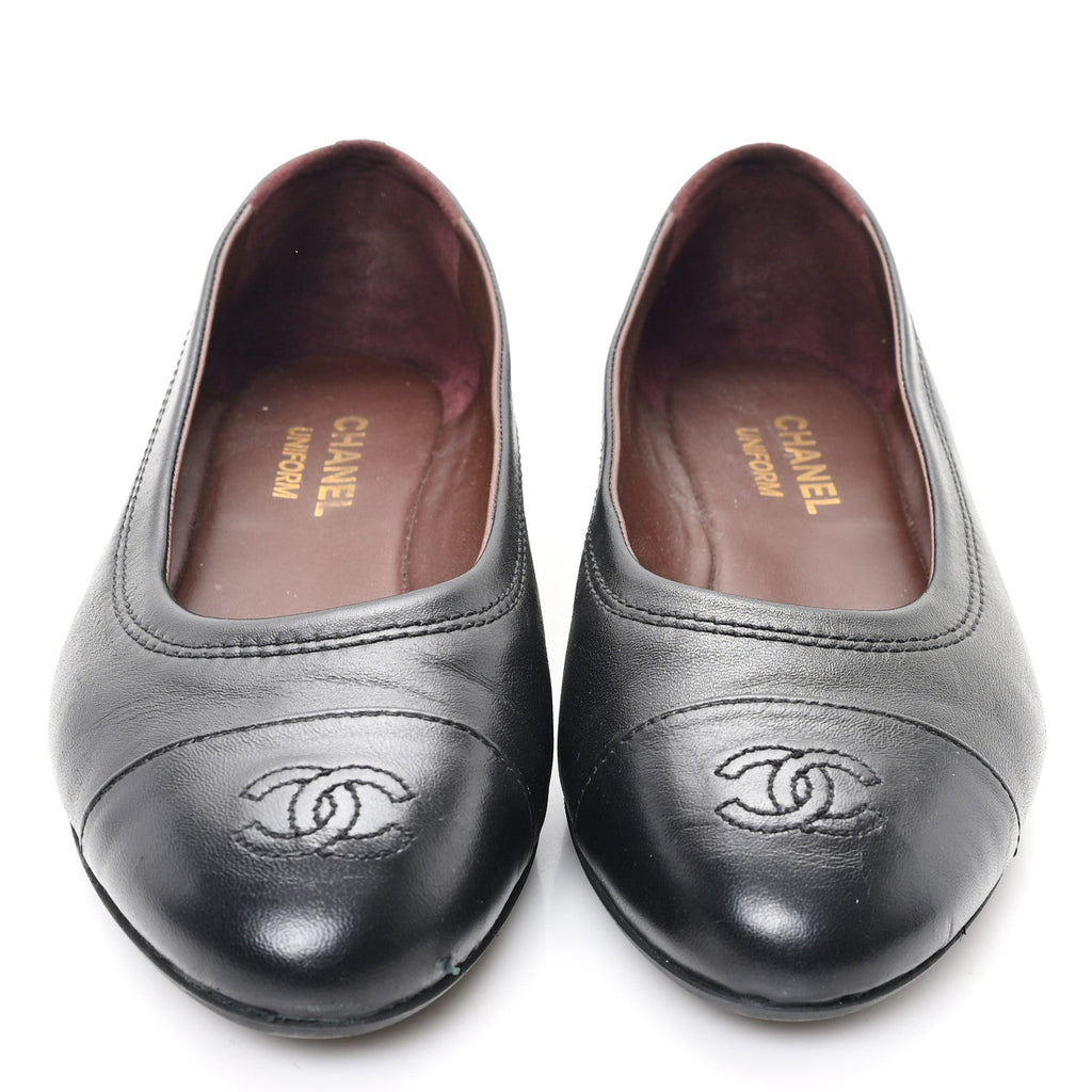 Lambskin Cap Toe CC Uniform Ballerina Flats 38.5 Black