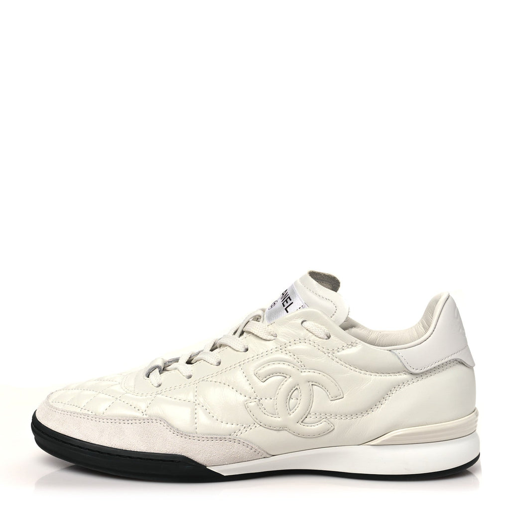 Shiny Calfskin Suede Quilted CC Logo Sneakers 40 White